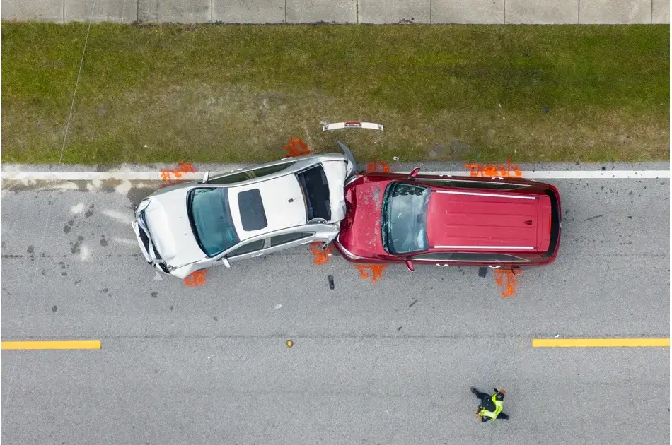 Unfallstelle Drohnenansicht vom Kfz Gutachter Köln
