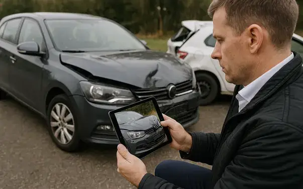 kfz gutachter bei der schadenaufnahme mit tablet