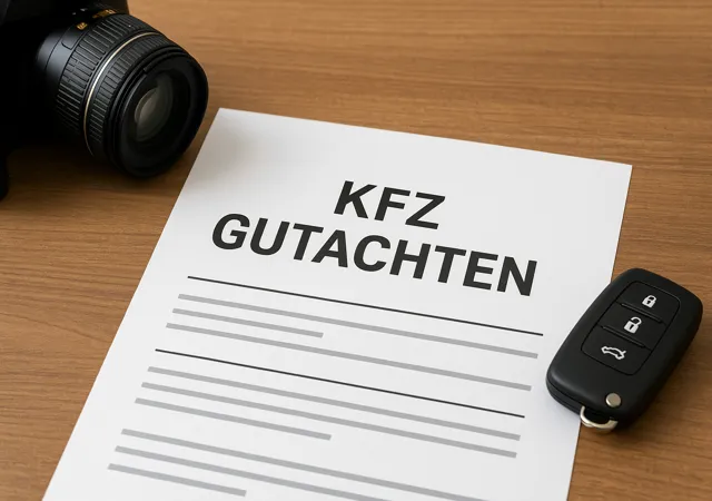 kfz-gutachten liegt mit kamera und einem schlüssel auf dem tisch